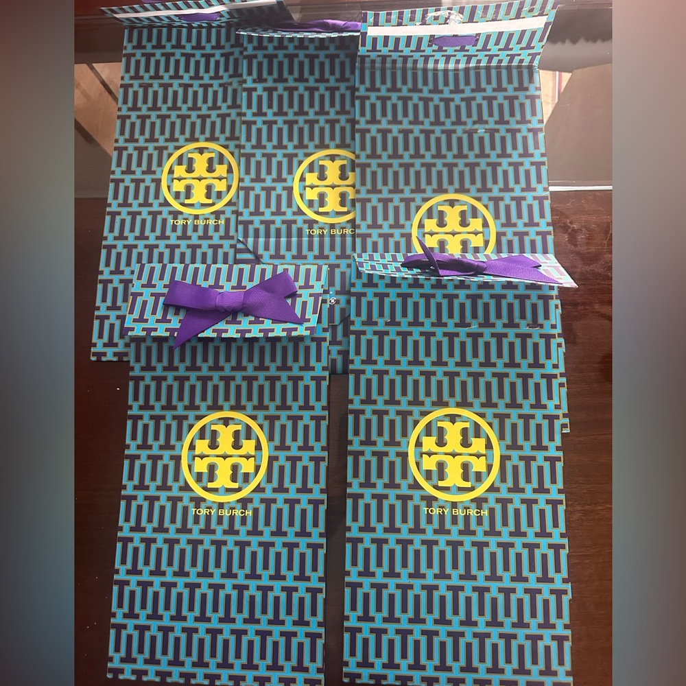 Tory Burch Shopping Bag Lot of 5 - bow blue & purple perfect for carrying wine!